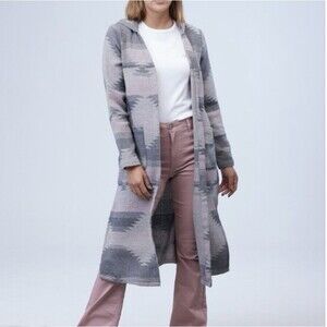 NWOT Dictionary Hooded Long Open Front Cardigan Gray And Pink Womens Size Medium